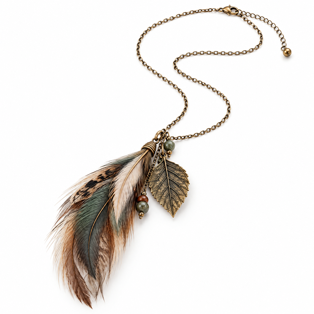 Nuvetrac™ Fernwhisper Handmade Faux Feather Pendant Necklace – Hazel Leaf Vintage Botanical Jewelry