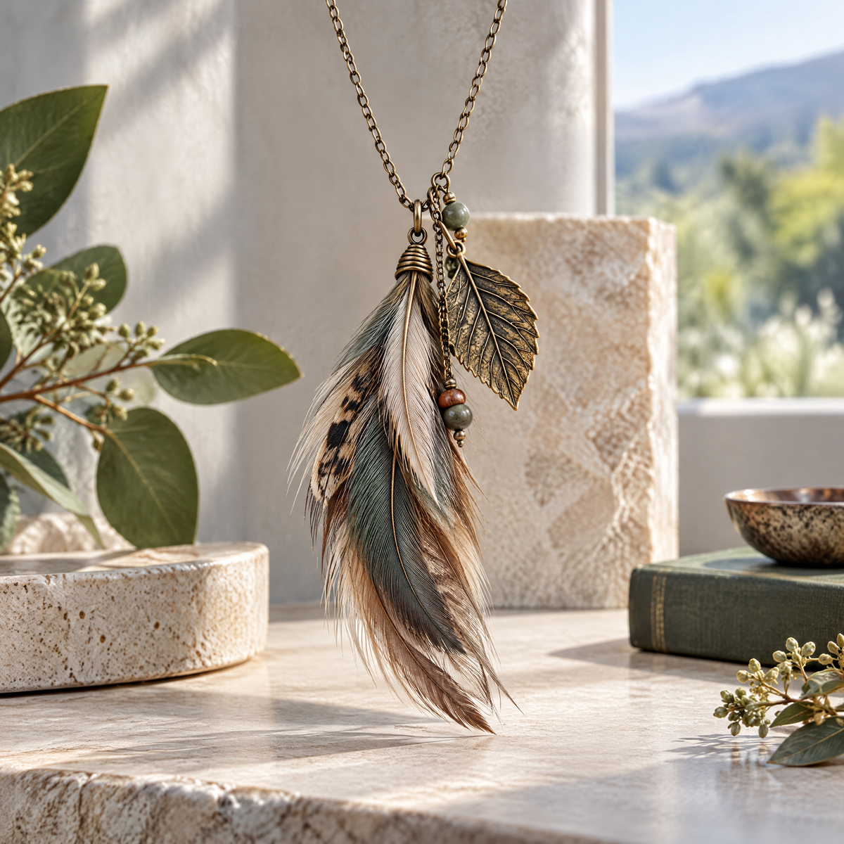 Nuvetrac™ Fernwhisper Handmade Faux Feather Pendant Necklace – Hazel Leaf Vintage Botanical Jewelry