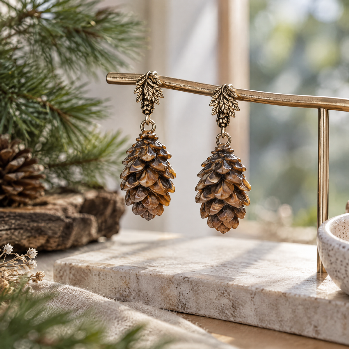 Nuvetrac™ Pineveil Resin Pinecone Drop Earrings – Lightweight Botanical Dangle Earrings