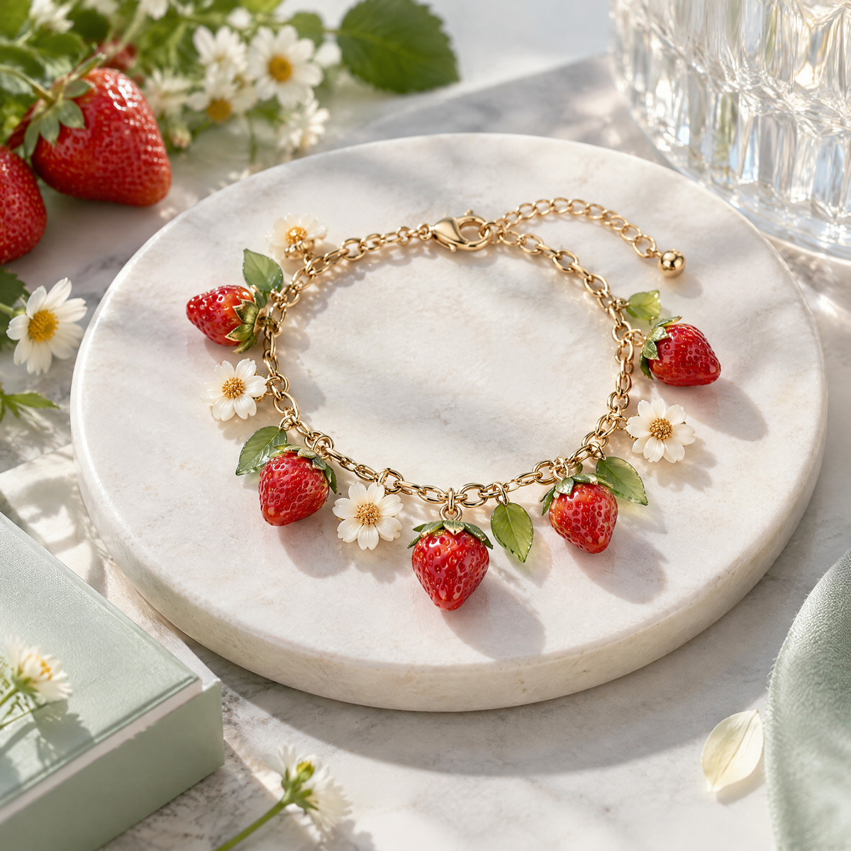 Nuvetrac™ Meadowberry Strawberry Daisy Charm Bracelet – Adjustable Resin Botanical Jewelry