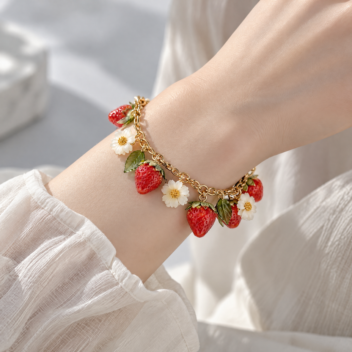 Nuvetrac™ Meadowberry Strawberry Daisy Charm Bracelet – Adjustable Resin Botanical Jewelry