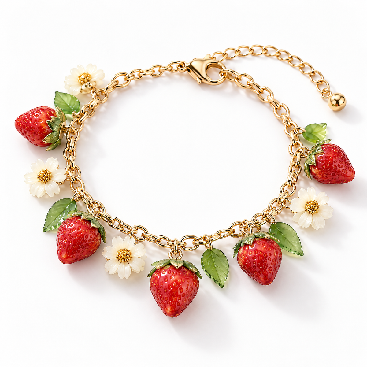 Nuvetrac™ Meadowberry Strawberry Daisy Charm Bracelet – Adjustable Resin Botanical Jewelry