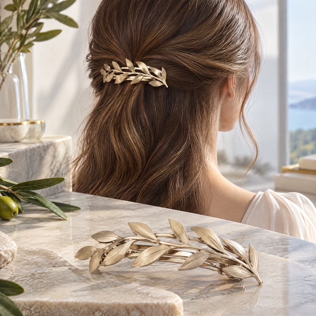 Nuvetrac™ Olivette Olive Leaf Hair Barrette – Openwork Botanical Metal Hair Clip