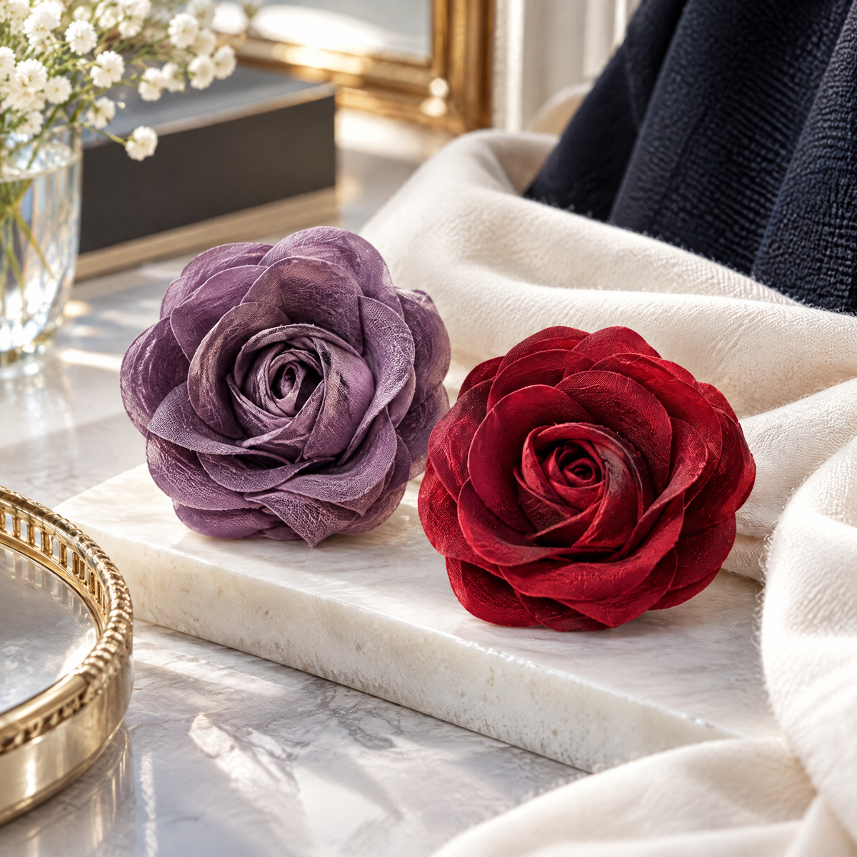 Nuvetrac™ Rosette Pair Purple & Red Fabric Rose Brooch Set – 2-Piece Floral Mini Pins