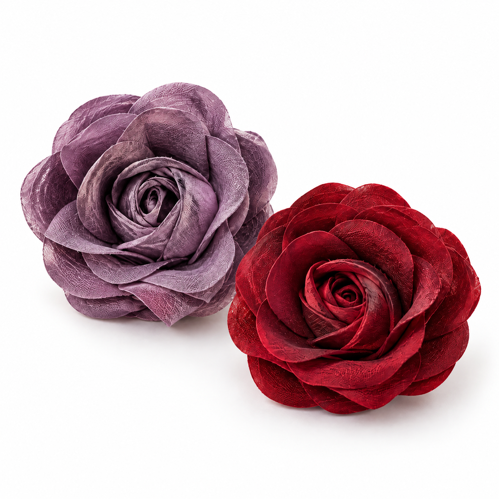 Nuvetrac™ Rosette Pair Purple & Red Fabric Rose Brooch Set – 2-Piece Floral Mini Pins
