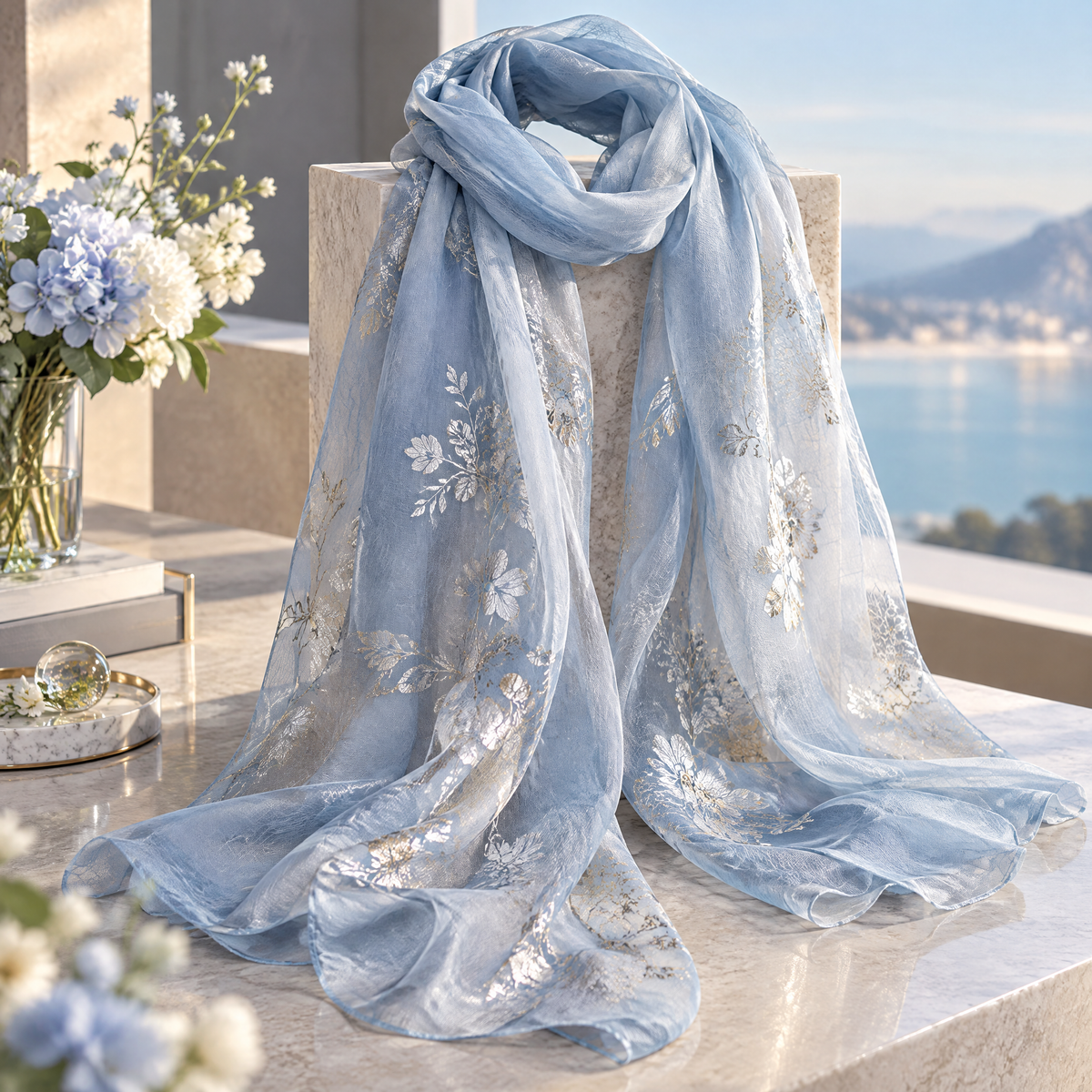Nuvetrac™ Airpetal Sheer Floral Scarf – Foil-Print Lightweight Elegant Neck Wrap