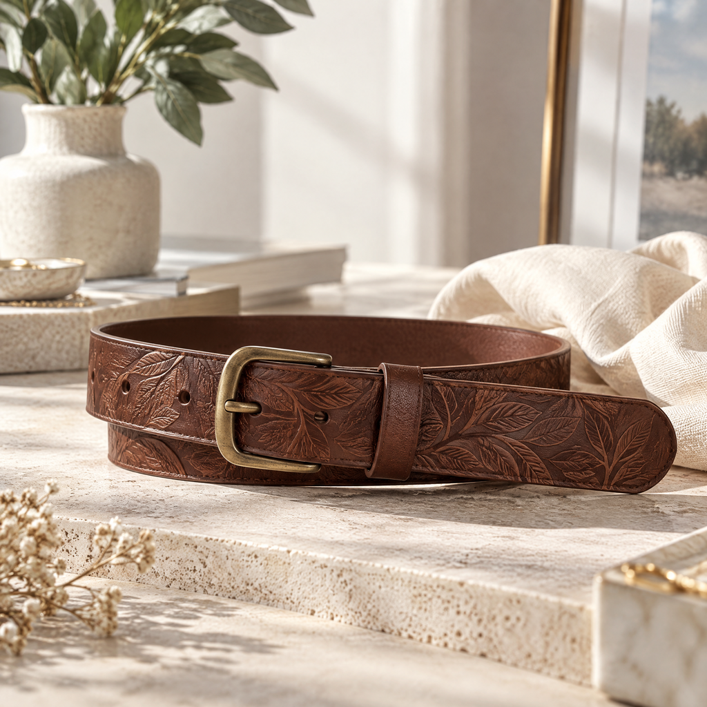 Nuvetrac™ Veinline Leaf Embossed Waist Belt – Vintage Botanical Textured Dress Belt