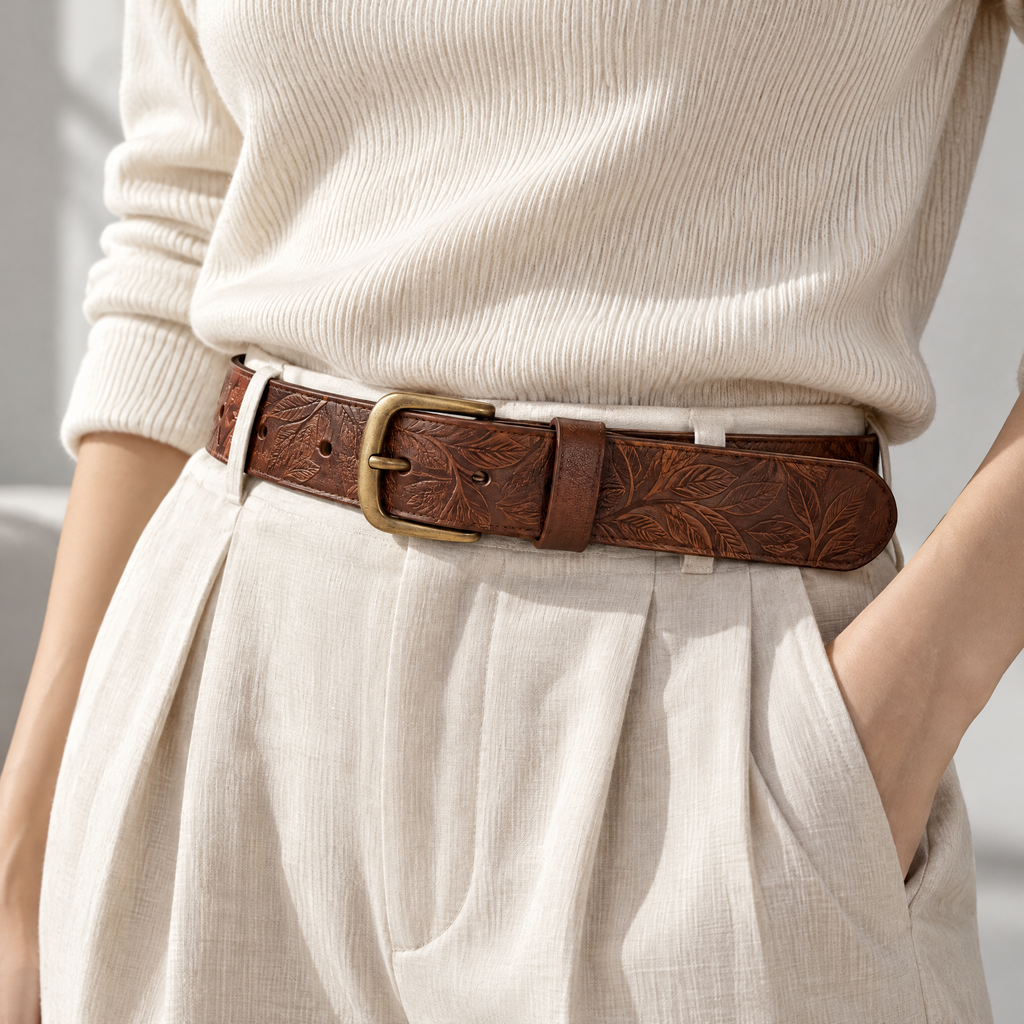 Nuvetrac™ Veinline Leaf Embossed Waist Belt – Vintage Botanical Textured Dress Belt
